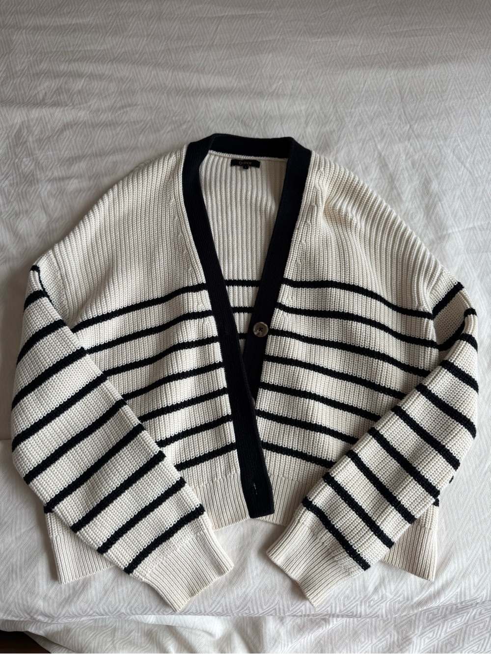 Quince Cream and Black Striped V-Neck Cardigan